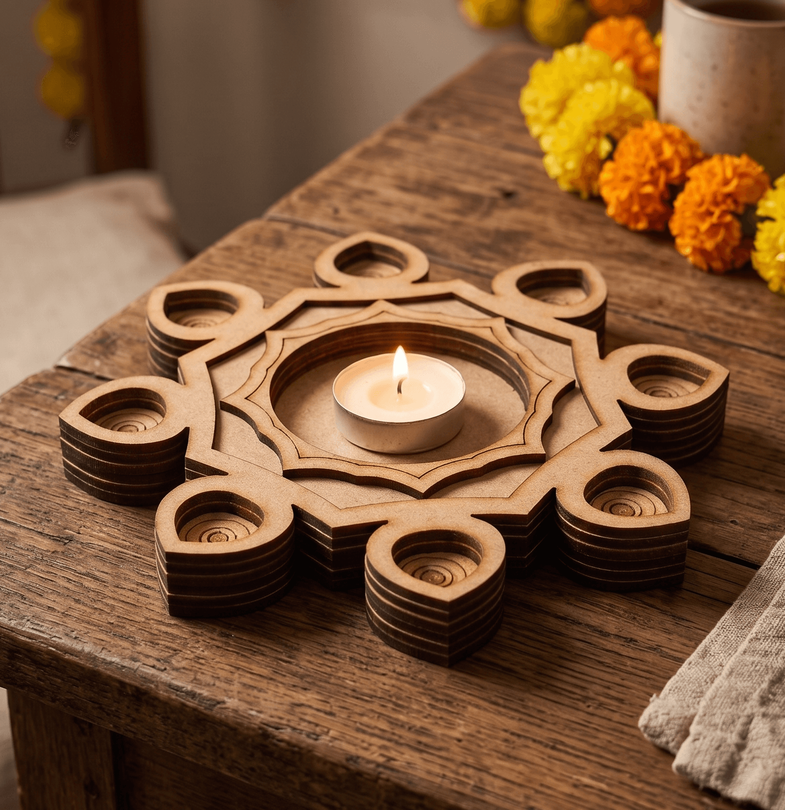 Eight-Petal Mandala MDF Tealight Holder Base