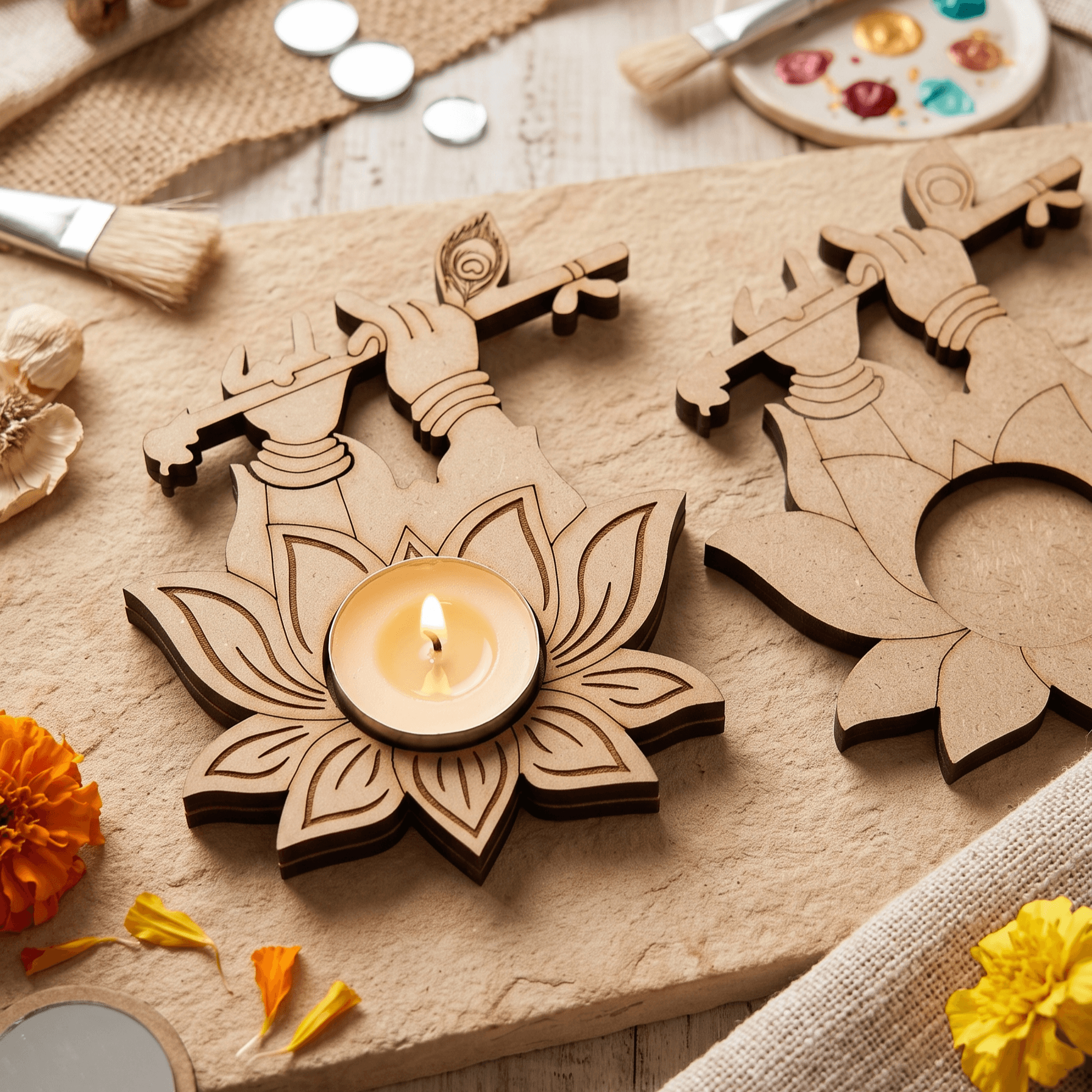 Radha Krishna Lotus MDF Tealight Holder Base