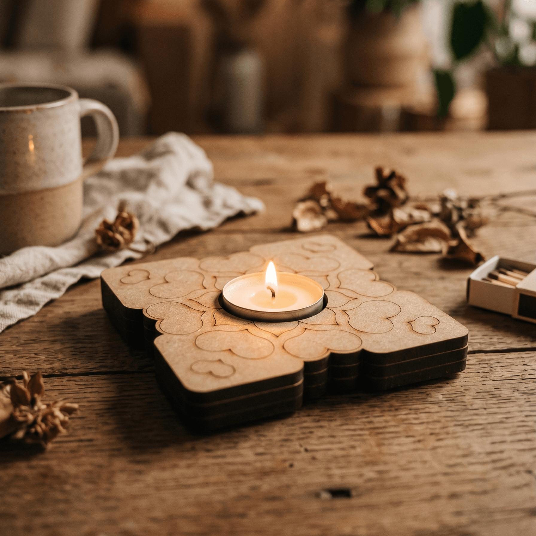 Heart Floral Square MDF Tealight Holder Base